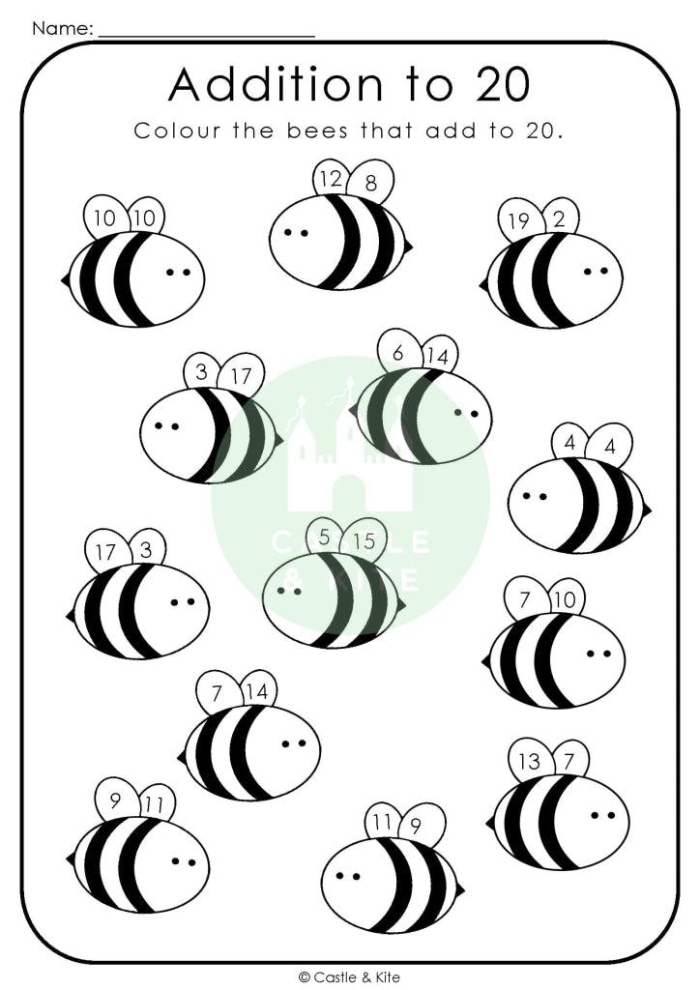 Worksheet image 23 showing addition exercises within 20 for young learners First Grade addition to 20 worksheet focusing on time and money problems