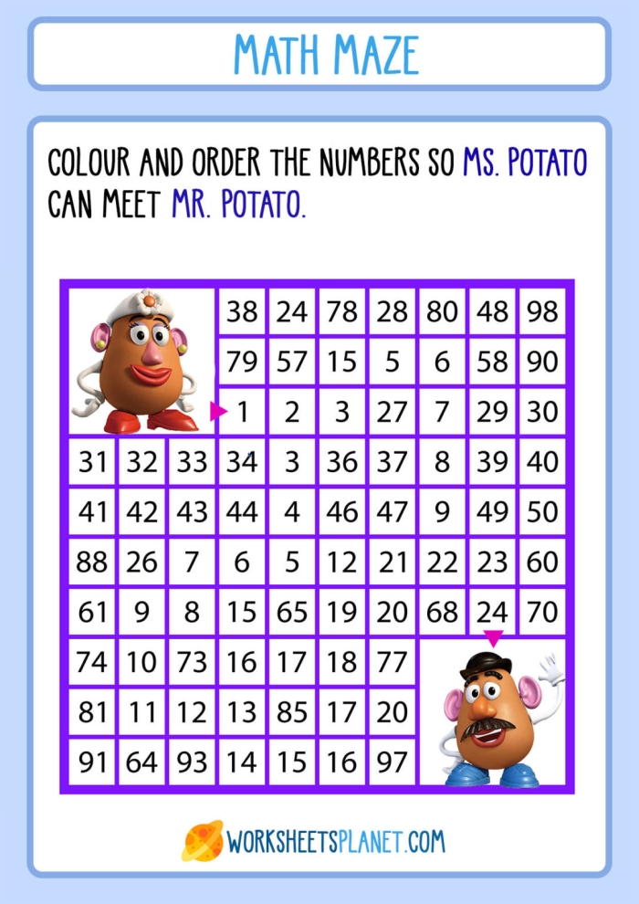 Engaging math maze activity encouraging addition skills in a fun way First grade math maze worksheet focused on time and money concepts for young learners