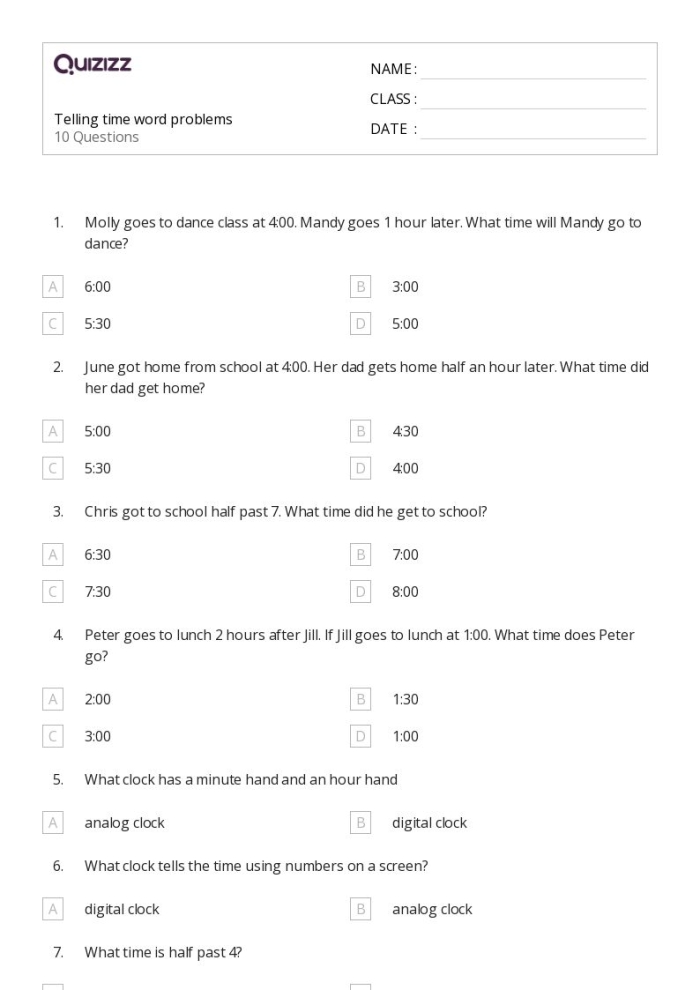 Worksheet for practicing time-related word problems with first grade writing skills First grader working on Telling Time word problems worksheet number 20