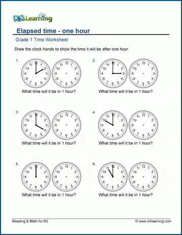 First grader practicing subtraction to find the time one hour later on a worksheet