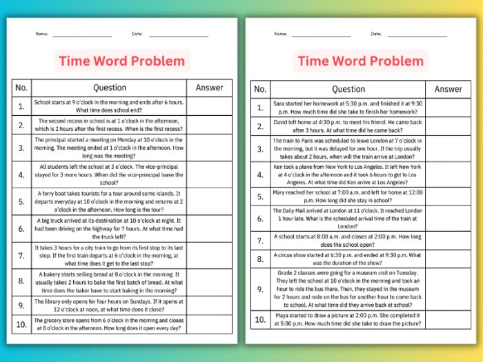 First grade students solving time word problems on a worksheet