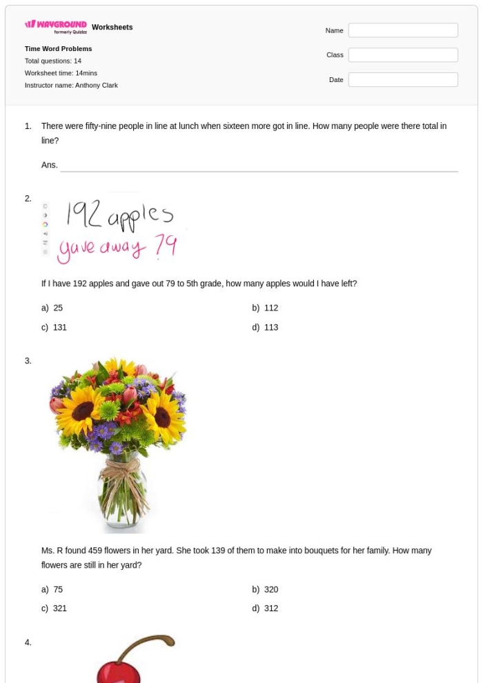 First grade worksheet featuring time word problems for young learners