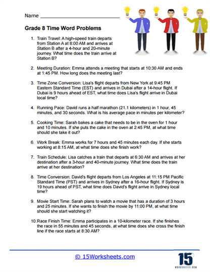 Time Word Problems worksheet for first graders focusing on geometry and real-life applications. Engaging visual for practicing telling time through word problems.