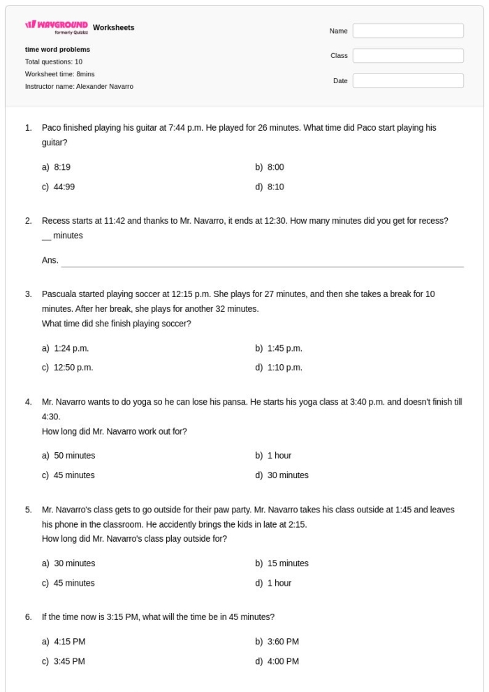 Worksheet featuring time word problems for first graders to practice their math skills