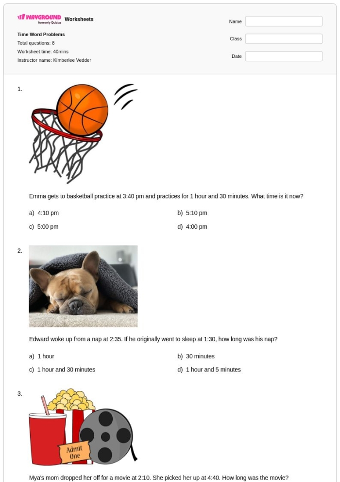 ALT text for a first grade worksheet featuring time word problems to enhance math skills