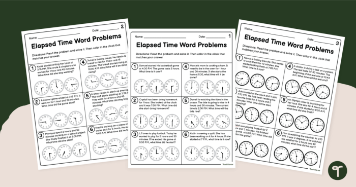 Time Word Problems worksheet featuring colorful illustrations for first graders