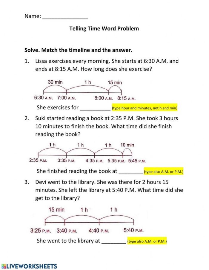 Worksheet featuring time word problems for first graders to practice telling time
