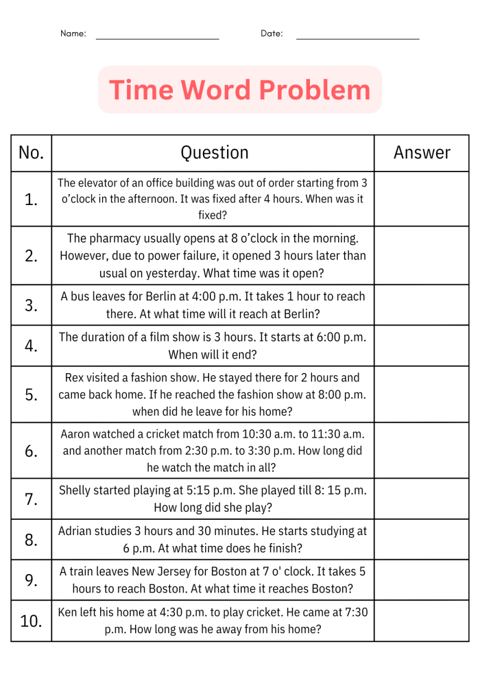 Colorful Time Word Problems worksheet designed for first graders to practice telling time