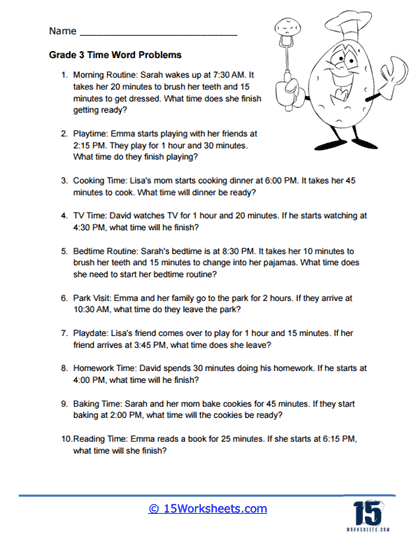 Worksheet featuring time word problems for first graders to practice geometry skills