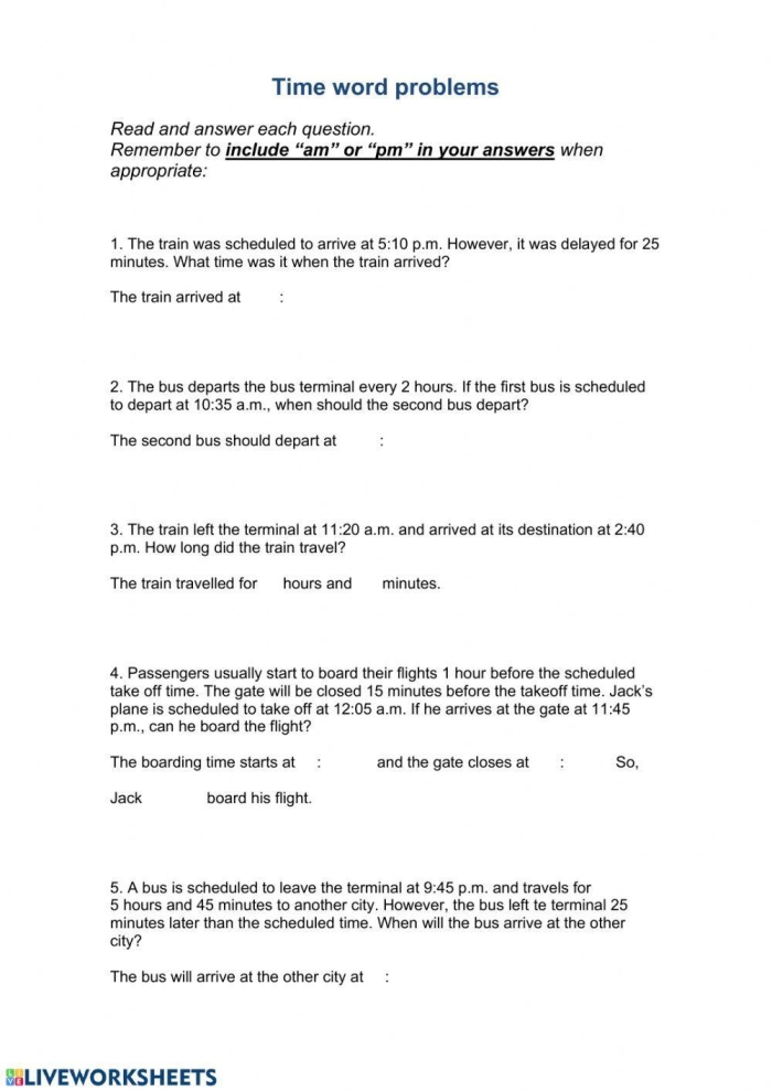 Time Word Problems worksheet for first graders focusing on telling time in real-life scenarios