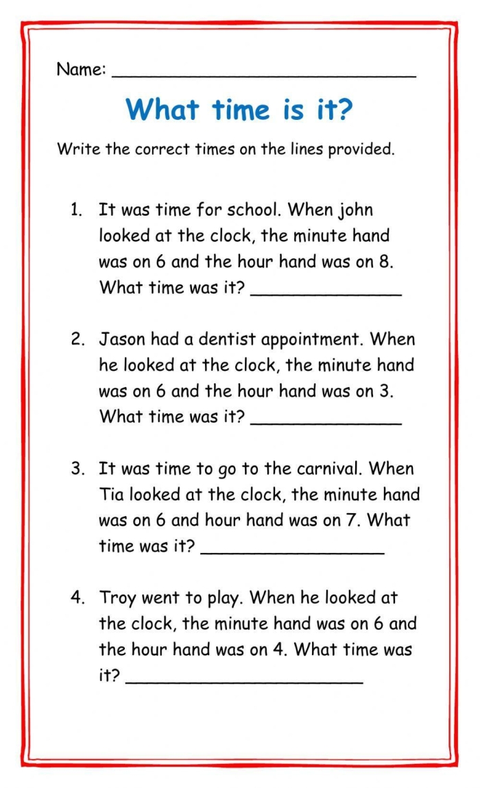 First grade students solving time word problems on a worksheet
