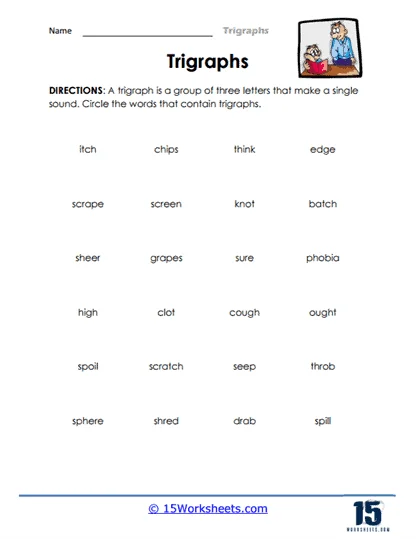 First grade trigraphs worksheet activity with three letter sound combinations for phonics practice