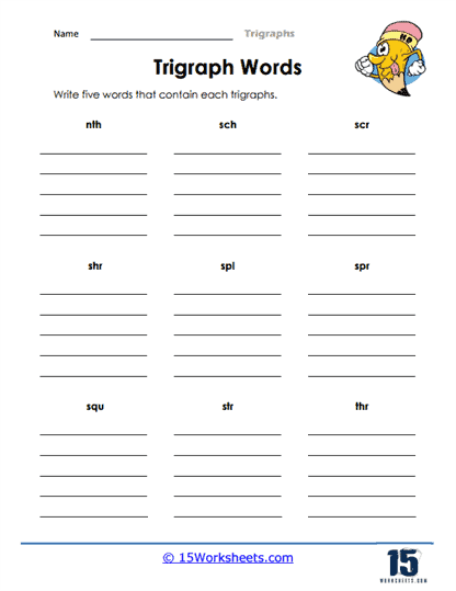 First grade trigraphs worksheet exercise 23 with three-letter sound combinations for phonics practice