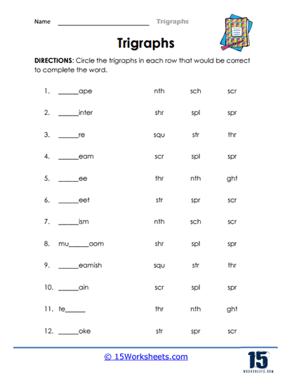 First grade trigraphs worksheet with three-letter sound combinations for phonics practice