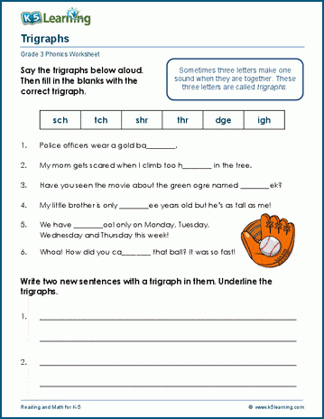 First grade trigraphs worksheet activity with three-letter sound combinations for phonics practice