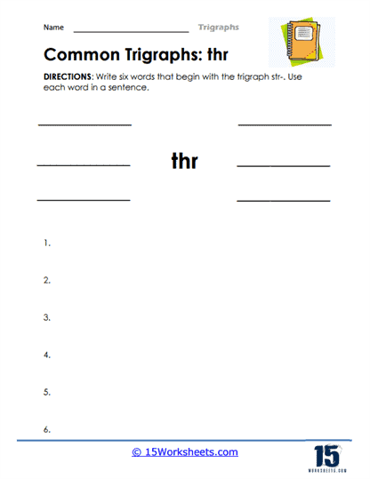 First grade trigraphs worksheet activity with three-letter sound combinations for phonics practice