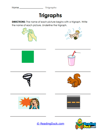 First grade trigraphs worksheet with three-letter sound combinations and pictures for phonics practice
