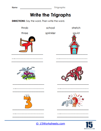 First grade trigraphs worksheet with three-letter sound combinations for phonics practice
