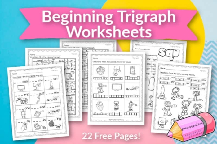 First grade trigraphs worksheet activity with three letter sound combinations for phonics practice