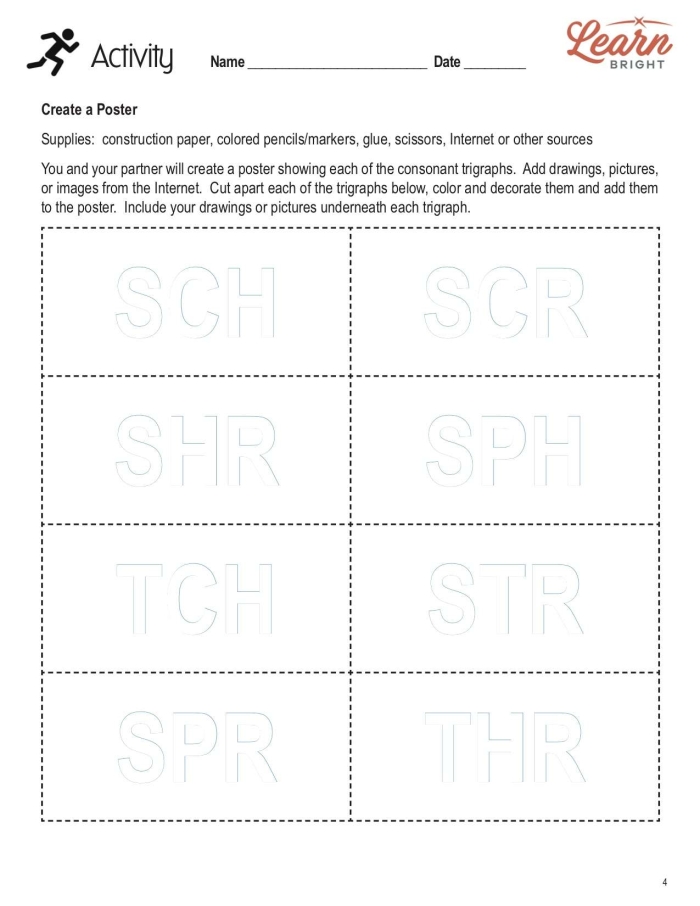 First grade trigraphs worksheet exercise 9 with three-letter sound combinations for phonics practice
