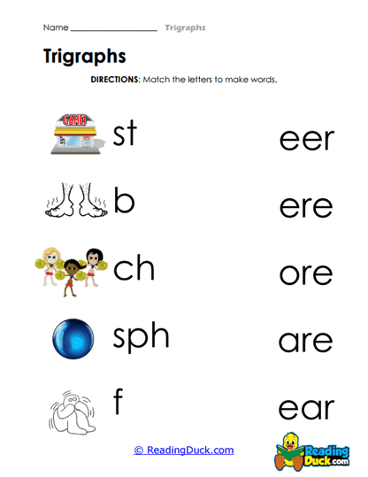 First grade trigraphs worksheet activity showing three-letter sound combinations for phonics practice