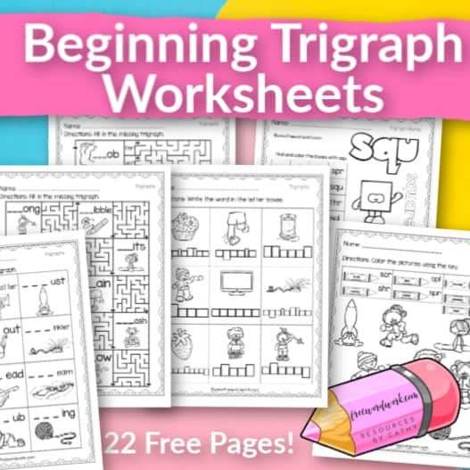 First grade trigraphs worksheet with three-letter sound combinations for phonics practice