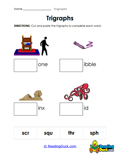 First grade trigraphs worksheet activity for learning three-letter sound combinations
