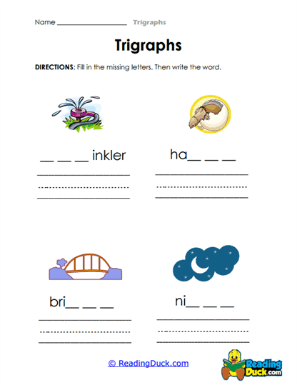 First grade trigraphs worksheet exercise 12 with three-letter sound combinations and pictures
