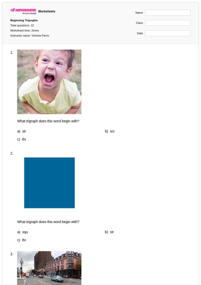 First grade trigraphs worksheet activity with three letter sound combinations