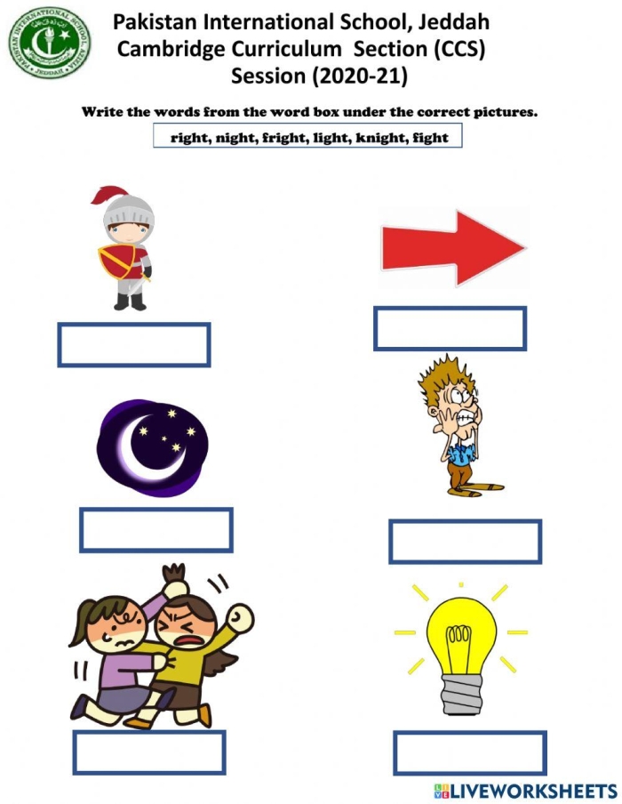 First grade trigraphs worksheet teaching three-letter sound combinations with visual examples