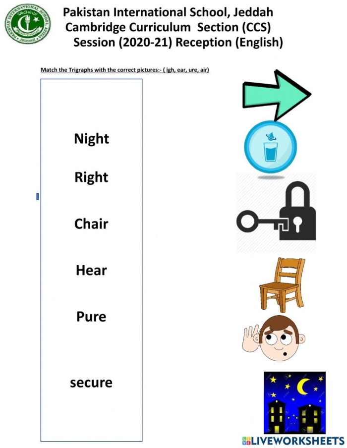 First grade trigraphs worksheet teaching three letter sound combinations with visual examples