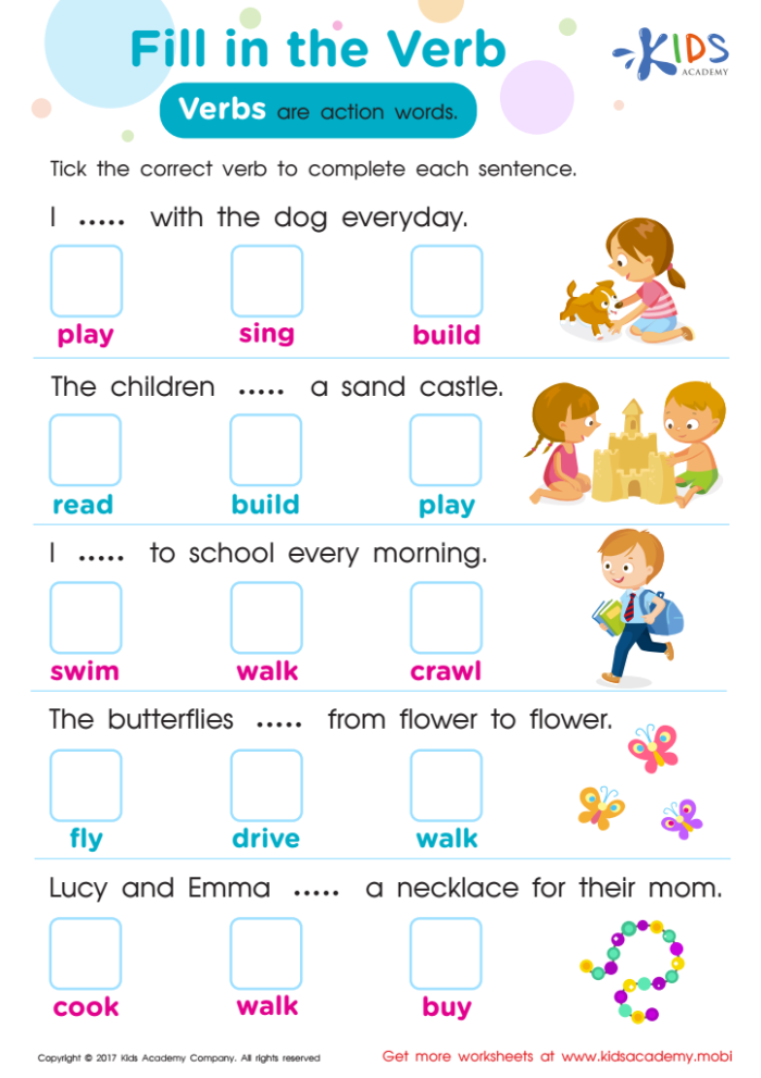 Colorful Get into Grammar activity sheet for first graders practicing verb recognition, image 9 First Grade Get into Grammar worksheet focusing on identifying verbs in sentences with colorful illustrations
