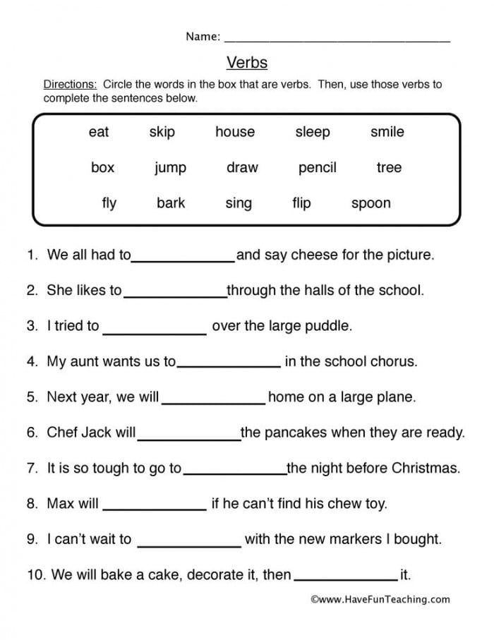 Colorful verb identification worksheet for first graders engaging in grammar practice First Grade student working on the Get into Grammar: Which Is the Verb? worksheet with colorful sentences