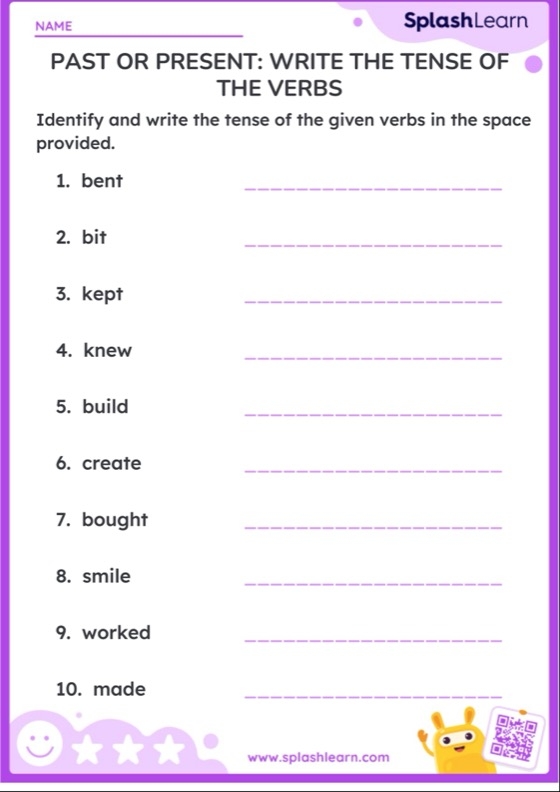 Past and Present Tense worksheet focusing on the verb eat for first graders, image 11 First Grade worksheet showing the verb eat in past and present tense for mixed operations