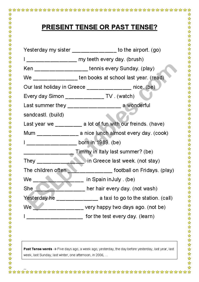 Past and Present Tense practice for the verb eat in a first grade mixed operations worksheet First Grade worksheet showing the verb eat in past and present tense forms