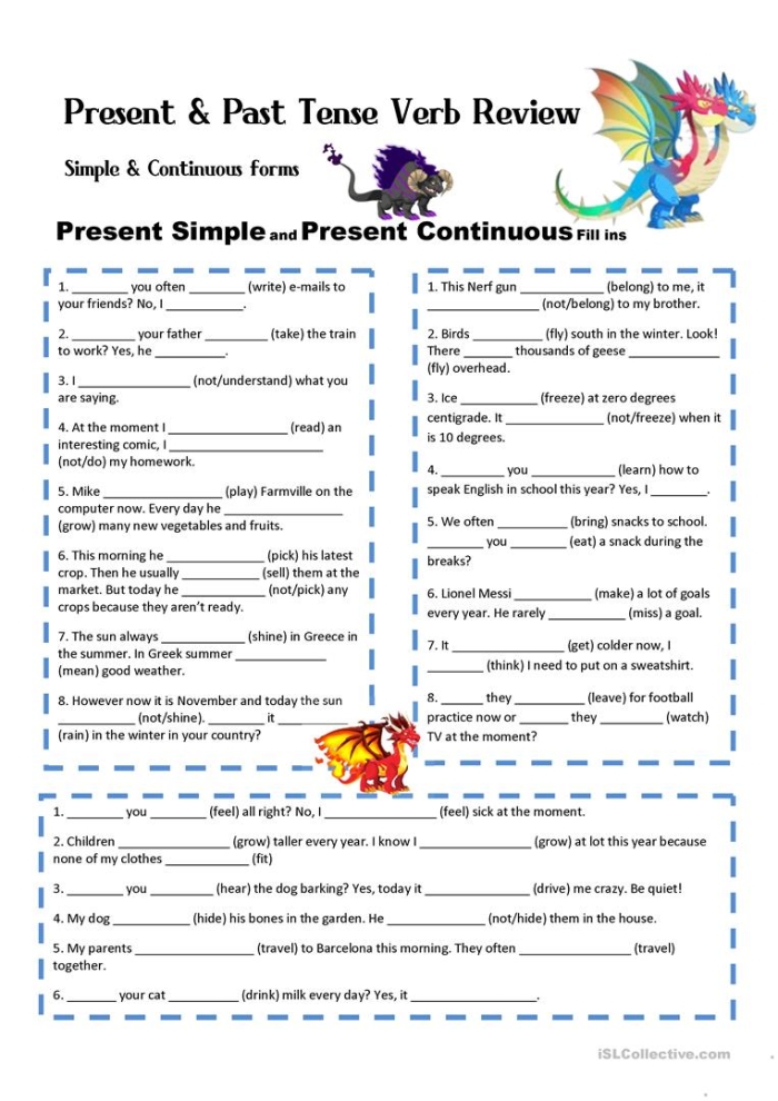 Illustration of a mixed operations worksheet focusing on past and present tense usage First Grade worksheet showing the verb eat in past and present tense forms