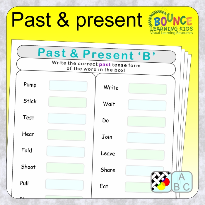 Past and present tense practice worksheet featuring the verb eat for young learners, image 23 First grade worksheet showing the verb eat in past and present tense with simple exercises
