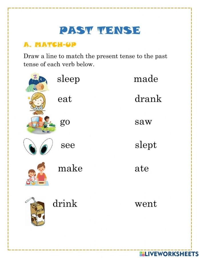 Past and Present Tense exercise with the action verb eat for young learners, image 5 First Grade worksheet showing how the verb eat changes from present to past tense