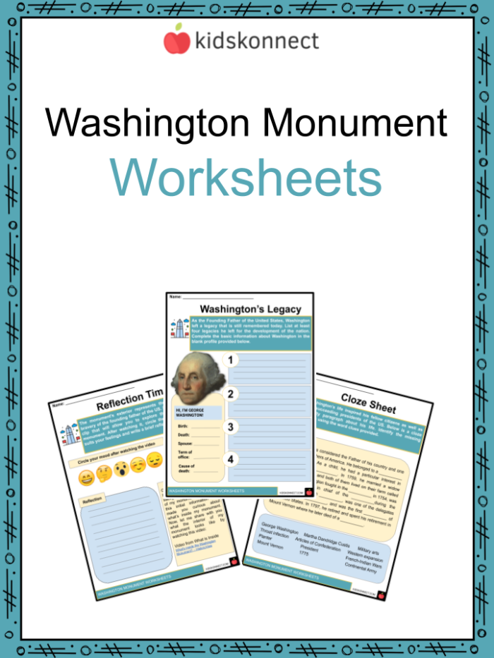 First Grade worksheet showing steps to build a paper Washington Monument model