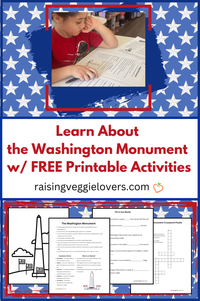 First Grade Washington Monument Model worksheet showing a paper craft activity