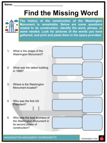 First Grade Washington Monument Model worksheet showing a paper craft activity