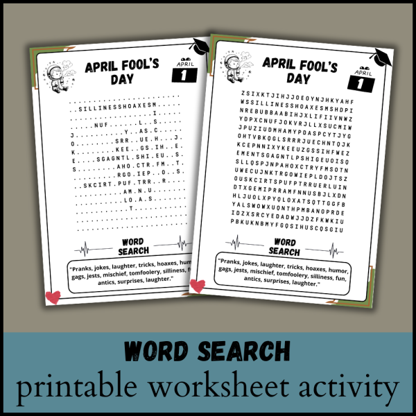 First grade April Fools' Day word search worksheet with silly hidden words and fun spring theme illustrations