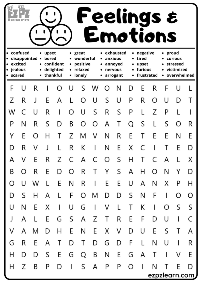Fun Word Search: Discover Different Emotions in This Worksheet A colorful word search worksheet for first graders focusing on various feelings