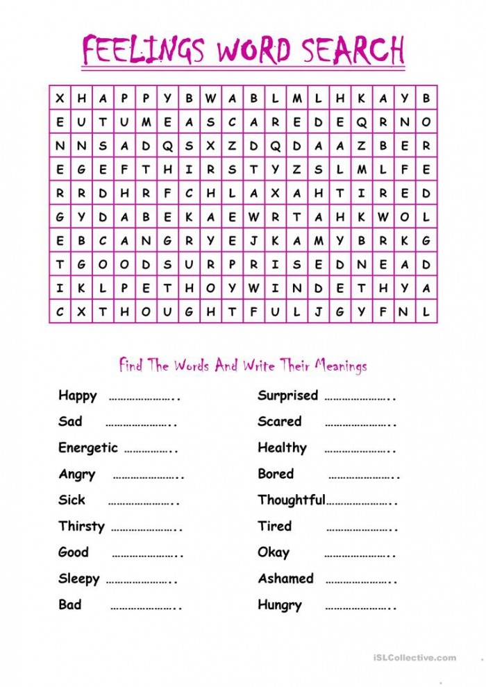 Engaging feelings word search activity for handwriting practice in first grade Word search worksheet for first graders featuring various feelings to discover