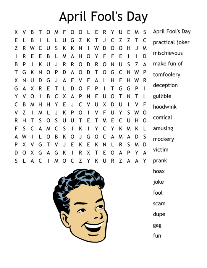 First grade April Fools' Day word search worksheet with silly hidden words and fun wacky theme