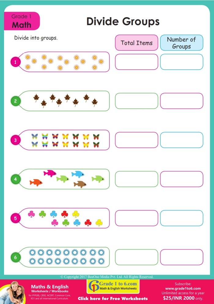 Grouping Objects: Odd and Even Numbers Worksheet for Grade 1 Worksheet illustrating grouping of objects into odd and even numbers for first graders