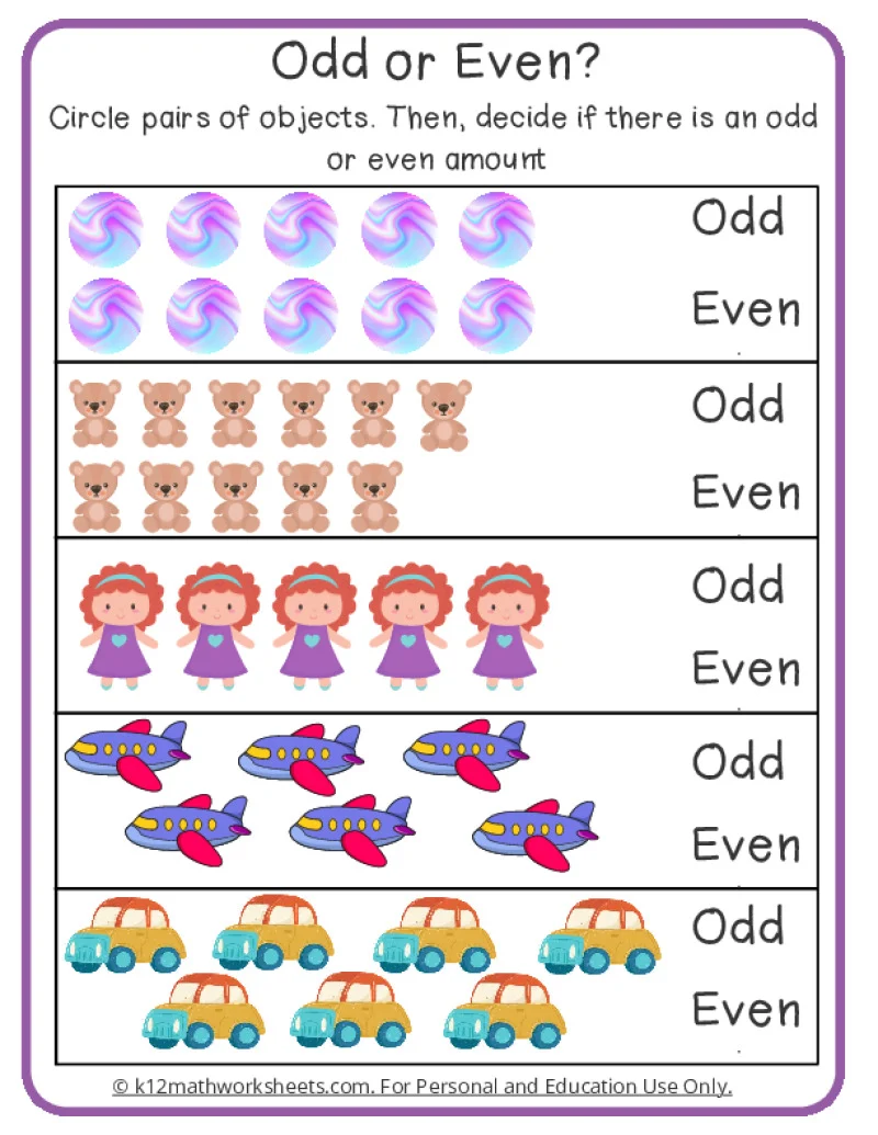 Image title: Practice identifying odd and even numbers with this fun worksheet ALT text: First-grade worksheet for grouping objects into odd and even numbers
