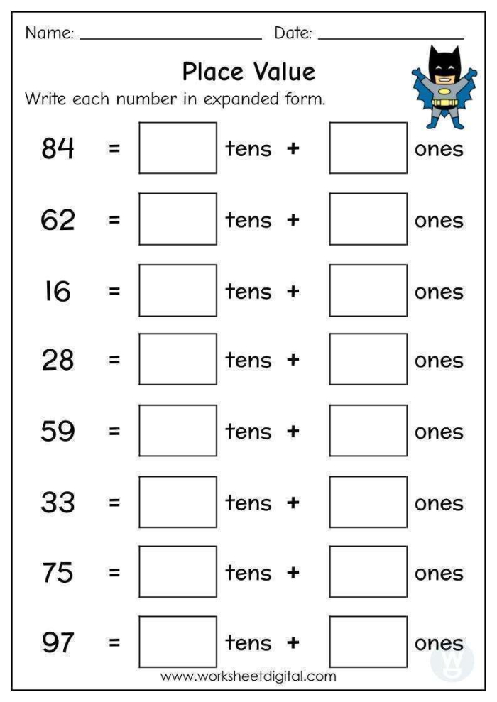 History worksheet for First Grade Worksheet for first graders on reading place value focusing on ones and tens. Educational resource to enhance math skills for young learners.