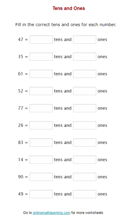 Reading Place Value: Ones and Tens worksheet for young learners First grade worksheet for understanding place value in ones and tens