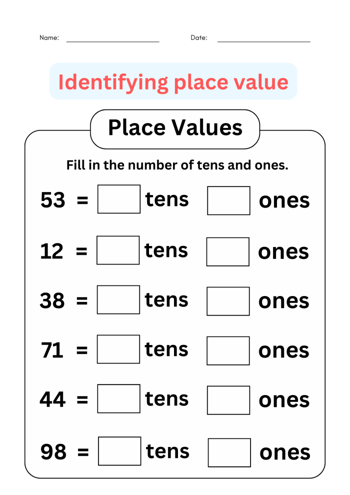Engaging Reading Place Value: Ones and Tens worksheet for young learners Worksheet for understanding ones and tens place value in first-grade math